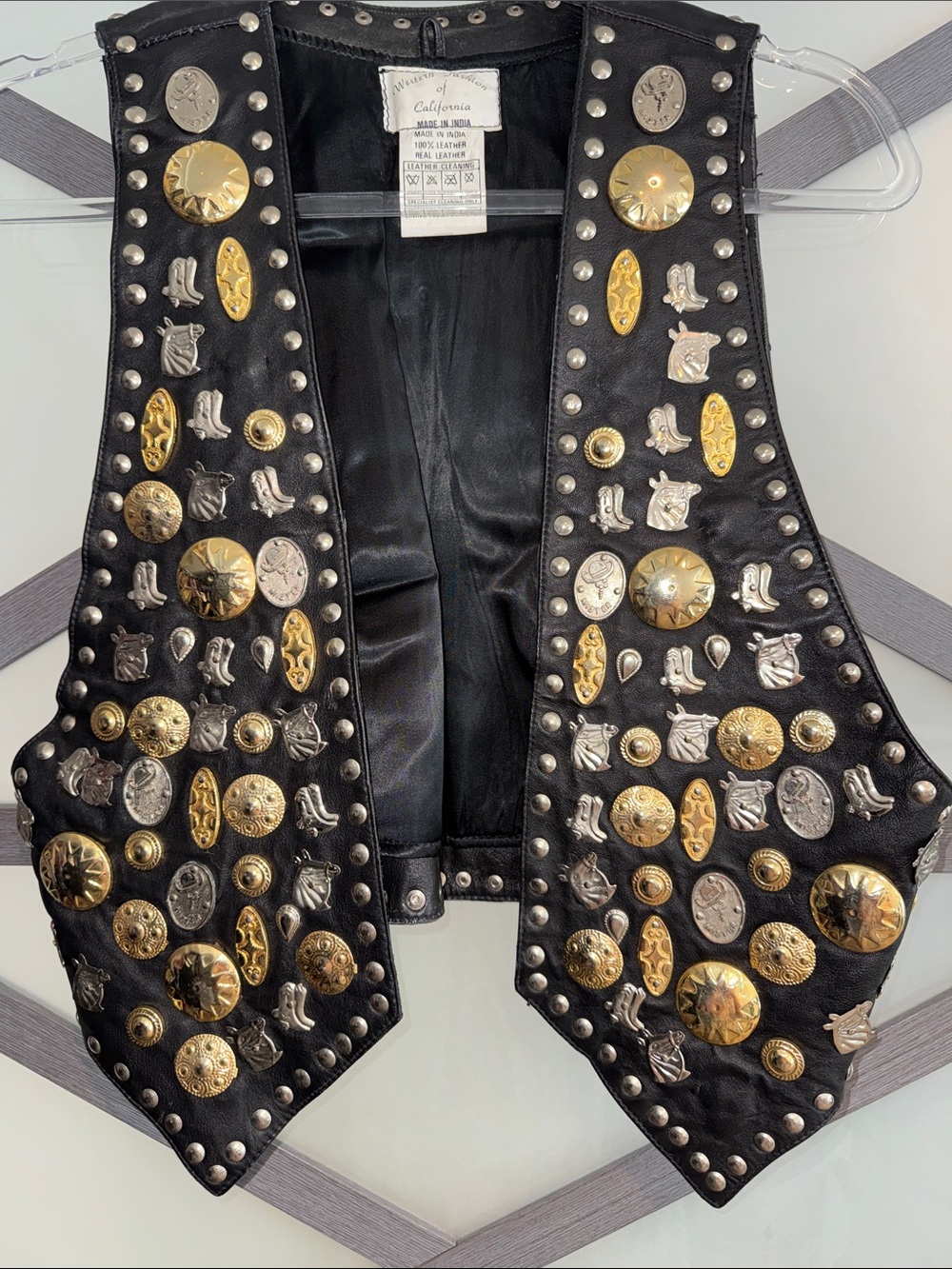 Vintage Western Fashion California Leather Vest Concho Studded Cowboy 80s